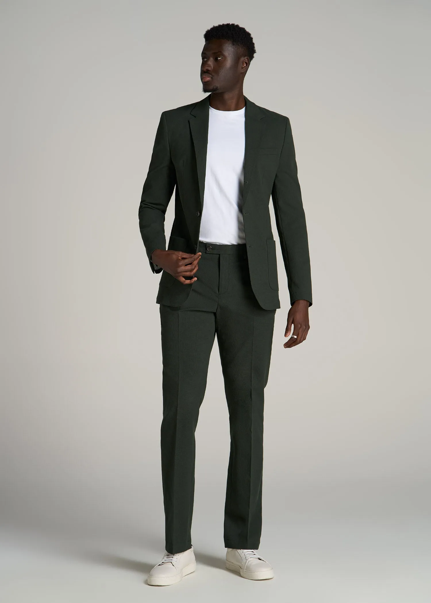 Textured Garment Washed Stretch Chino Tall Blazer in Dark Olive Green