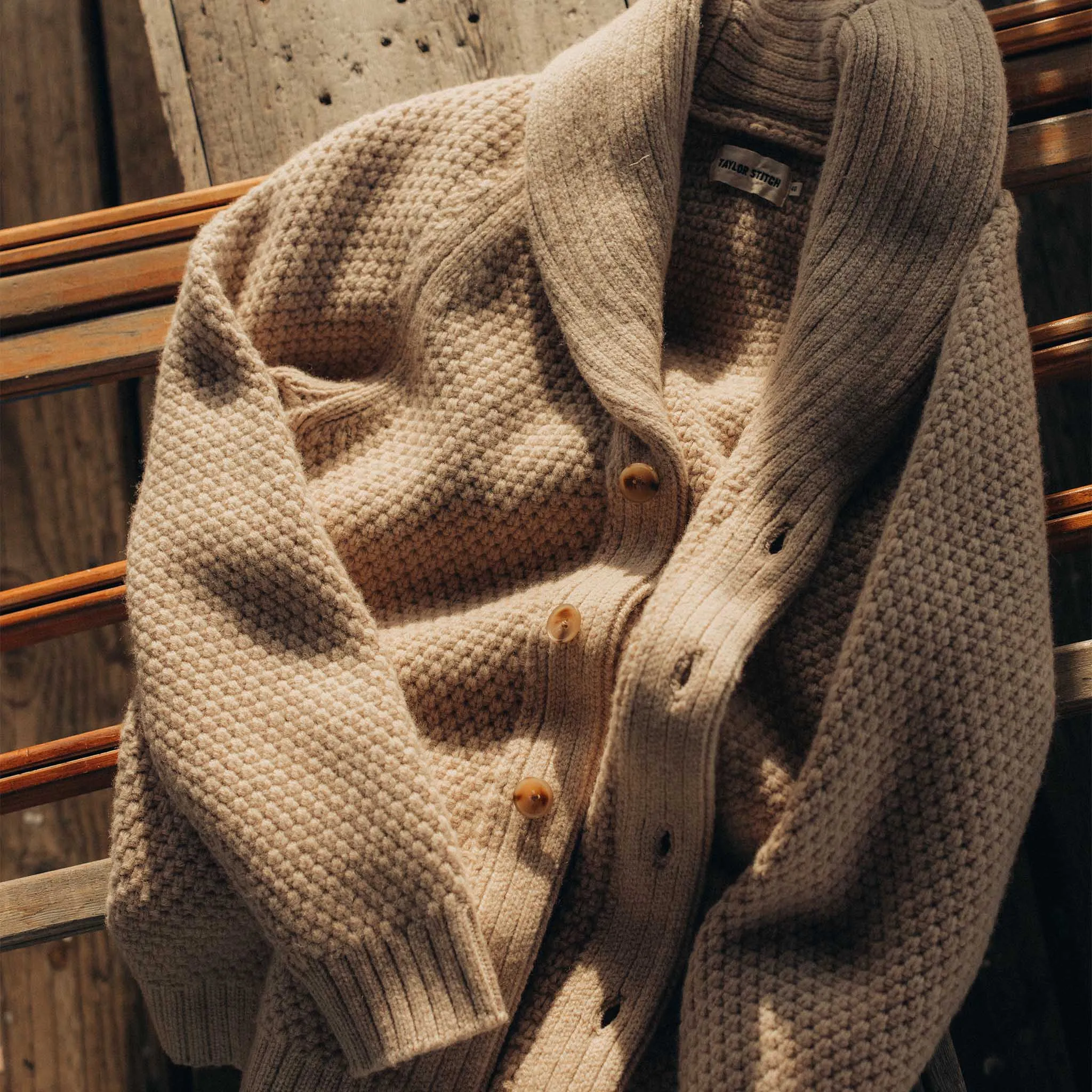 The Fisherman Shawl Cardigan in Heather Oat Merino