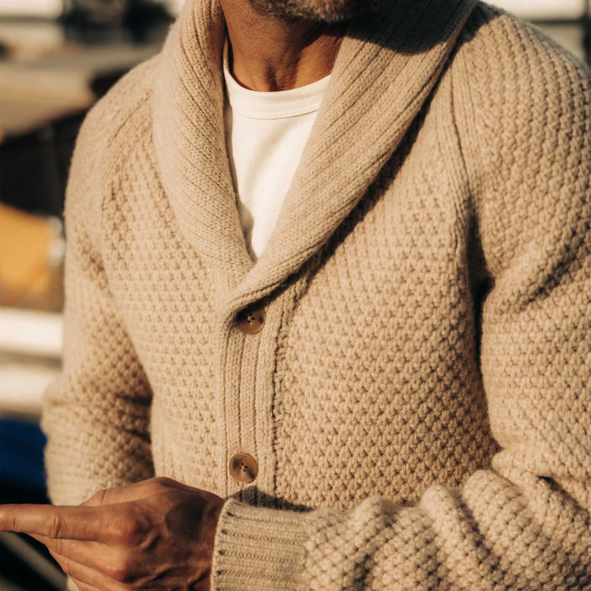 The Fisherman Shawl Cardigan in Heather Oat Merino