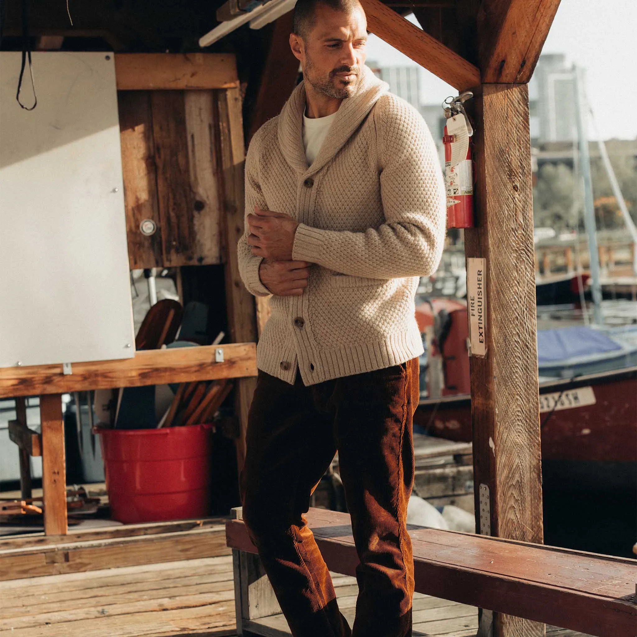 The Fisherman Shawl Cardigan in Heather Oat Merino