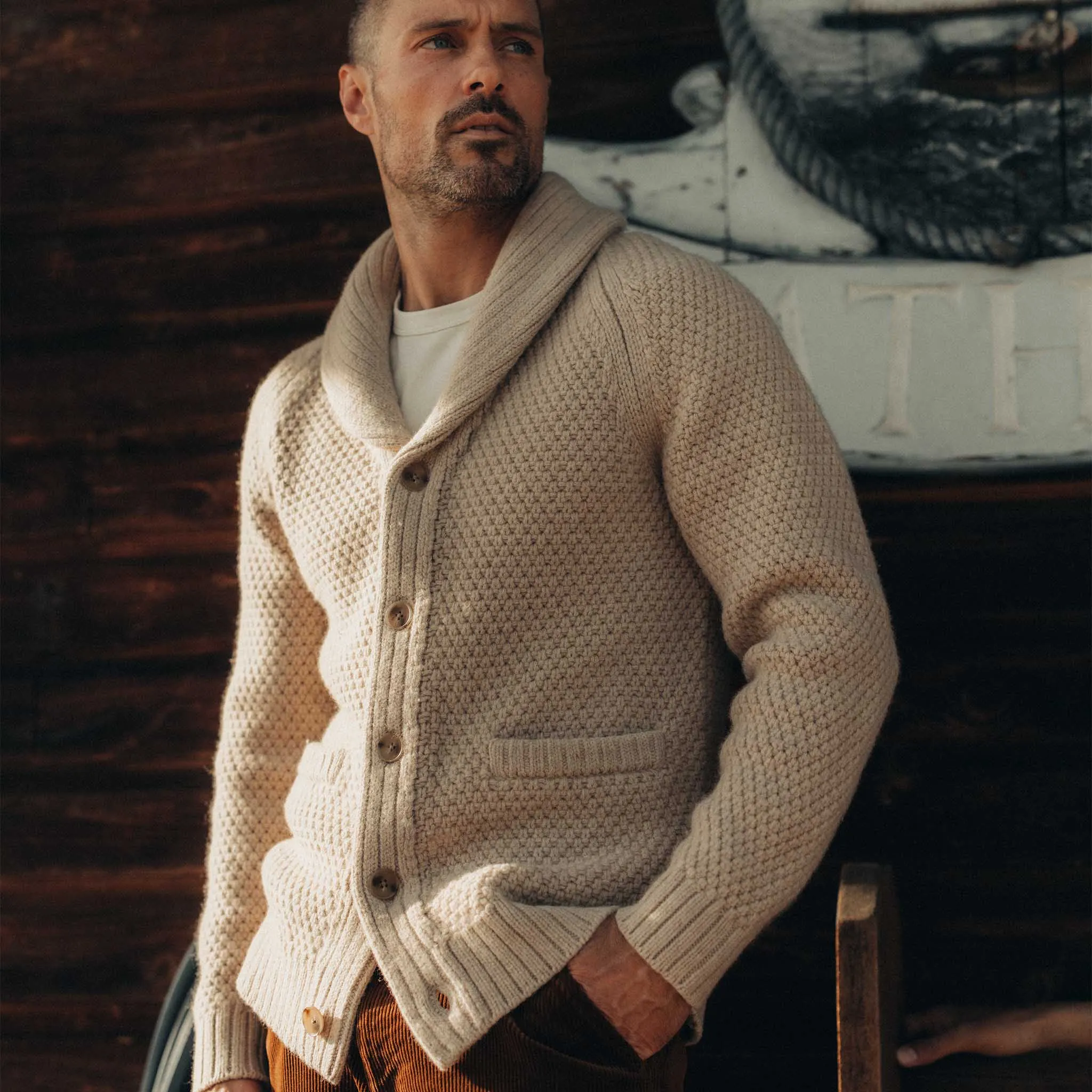 The Fisherman Shawl Cardigan in Heather Oat Merino