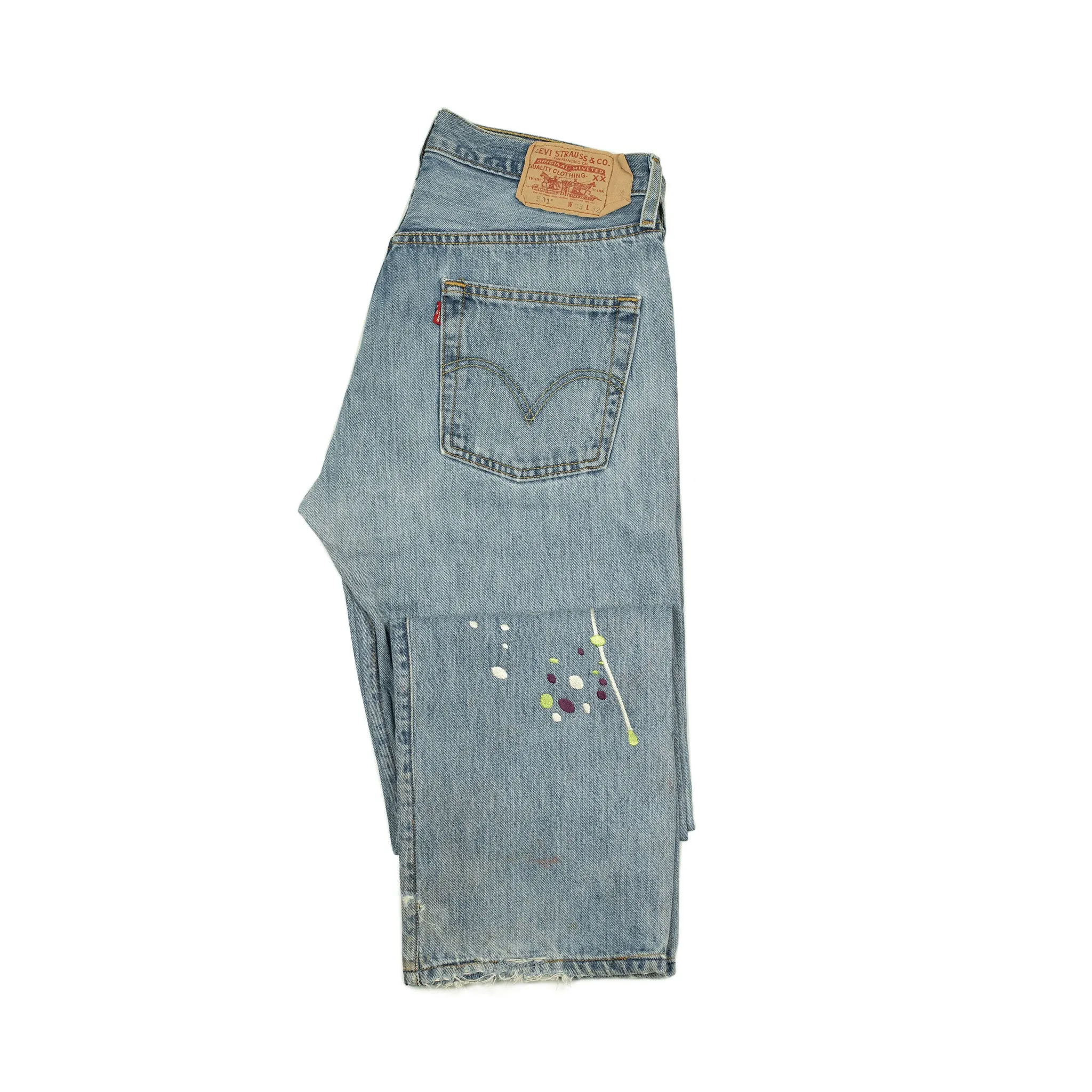 Vintage Levis 501 jeans with embroidered paint splatter, light wash