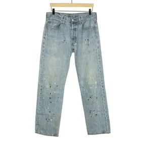 Vintage Levis 501 jeans with embroidered paint splatter, light wash