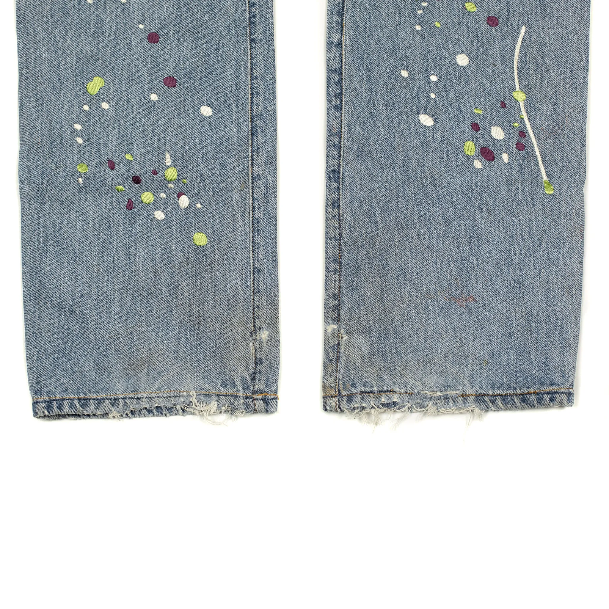 Vintage Levis 501 jeans with embroidered paint splatter, light wash