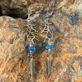 Vintage Sterling Silver Kokopelli Earrings with Turquoise and Feather Accent - Estate