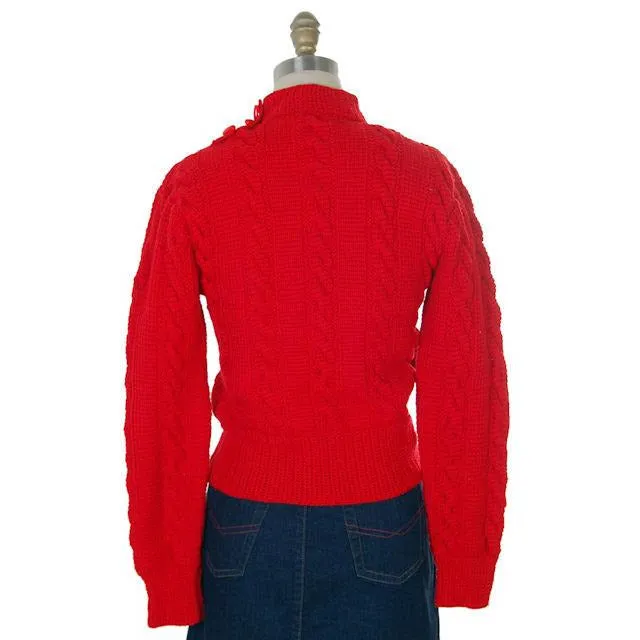 Vintage  Sweater Red Handknit Cable Knit Wool Great Buttons 1940s 36 Bust