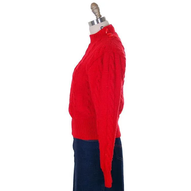 Vintage  Sweater Red Handknit Cable Knit Wool Great Buttons 1940s 36 Bust