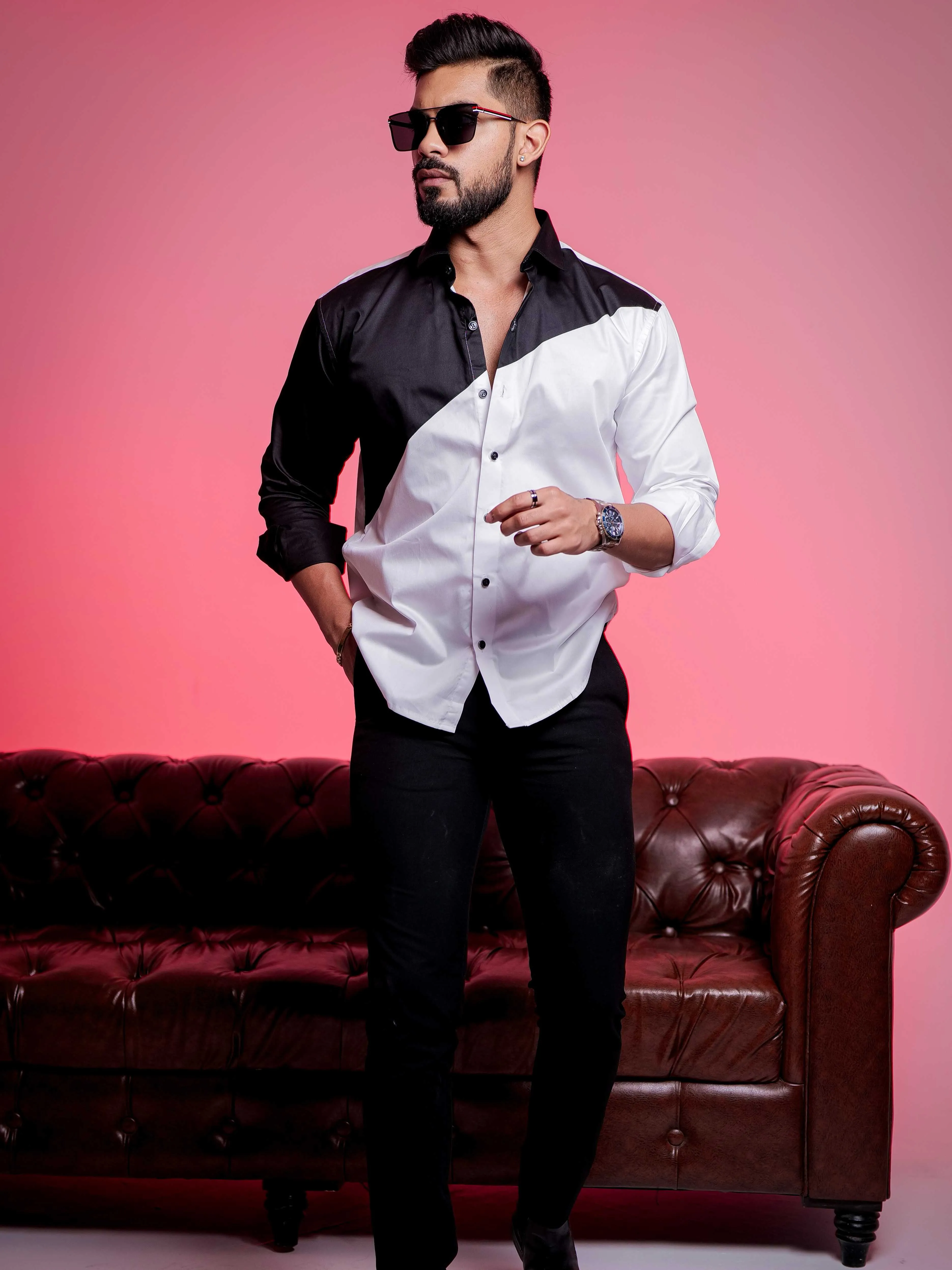 White And Black Designer Satin Cotton Shirt