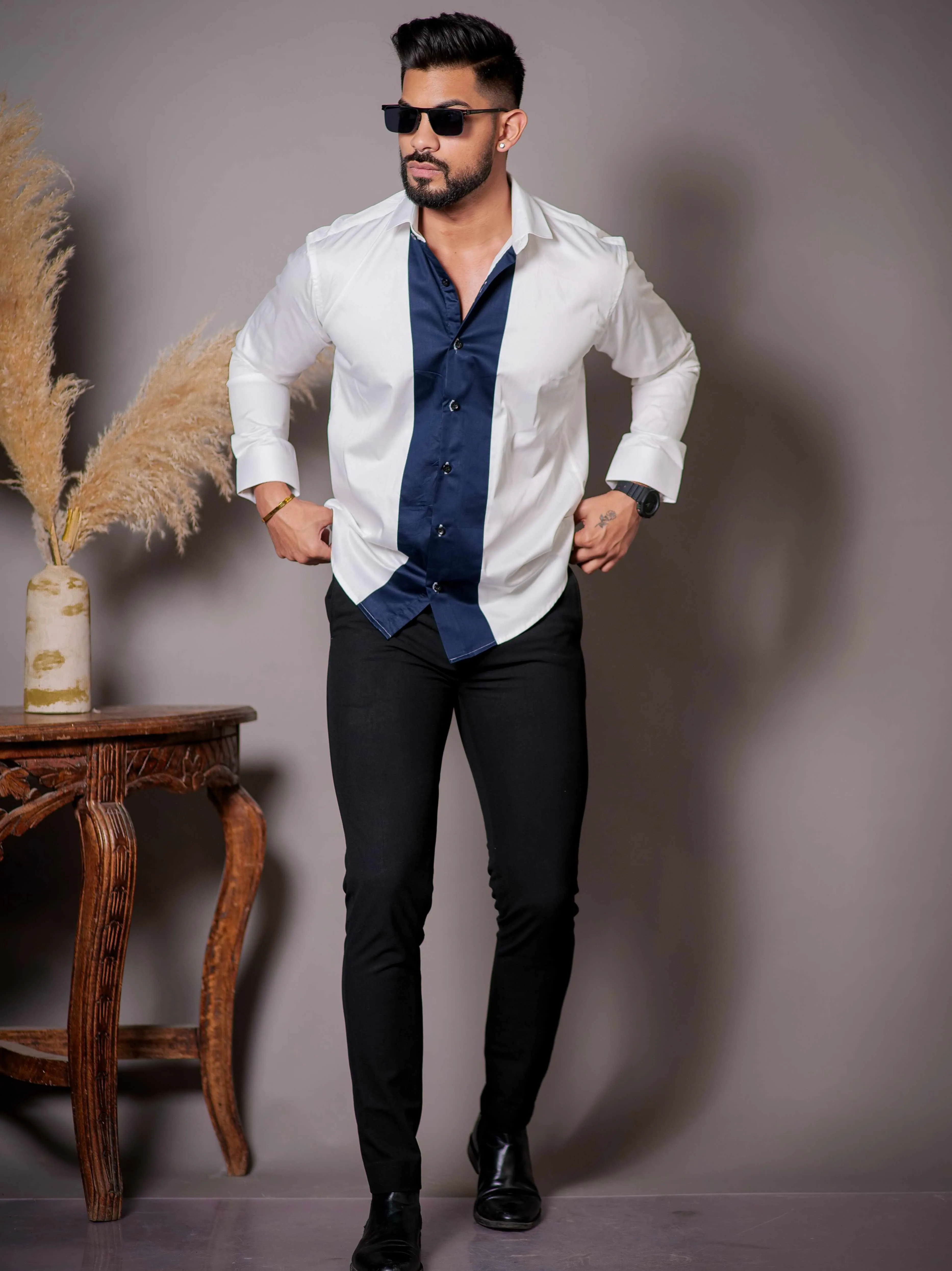 White And Blue Designer Satin Cotton Shirt