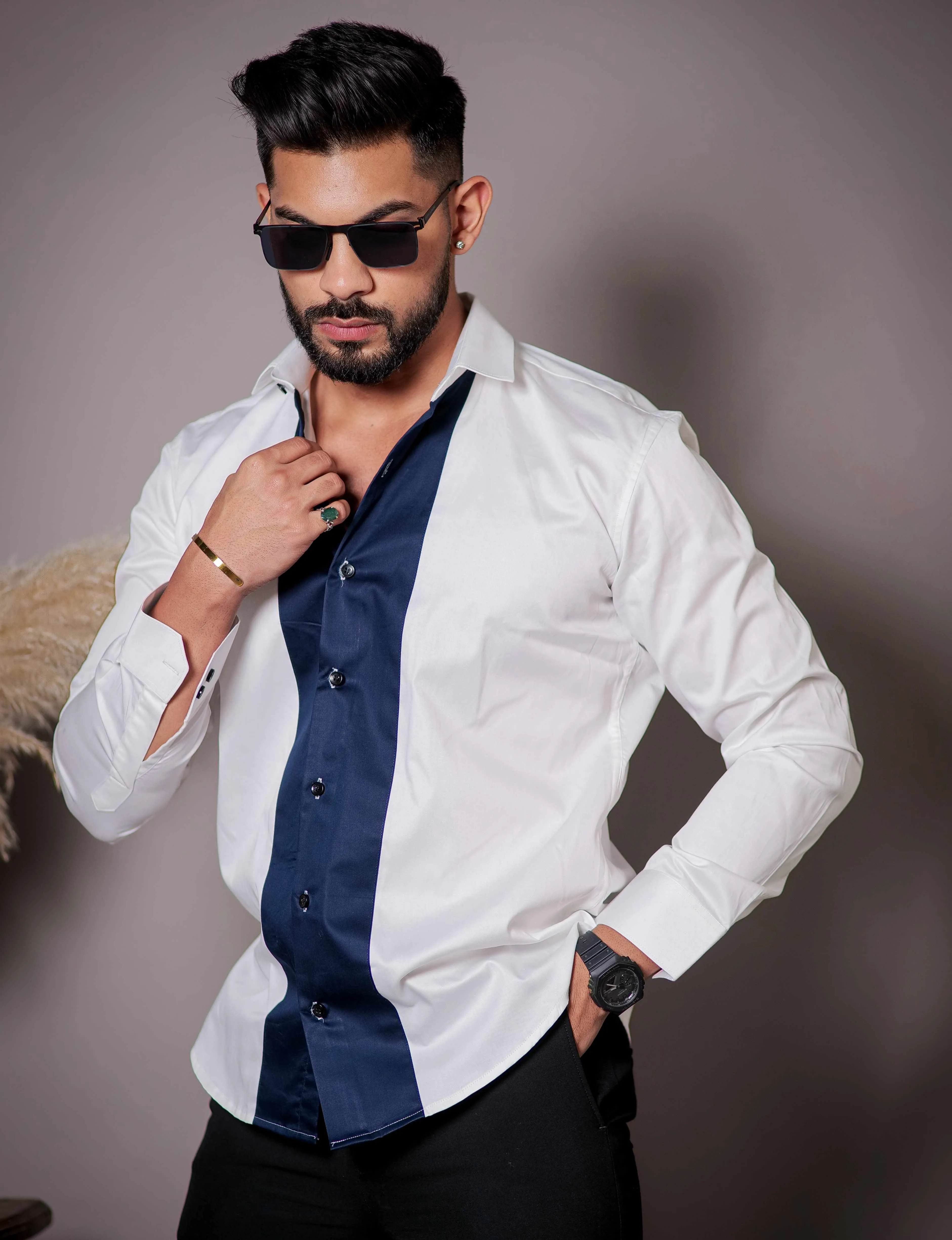 White And Blue Designer Satin Cotton Shirt