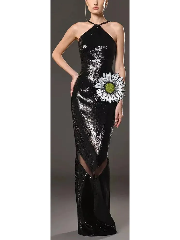 Women’s Black Sequined Dress with Daisy Embroidery