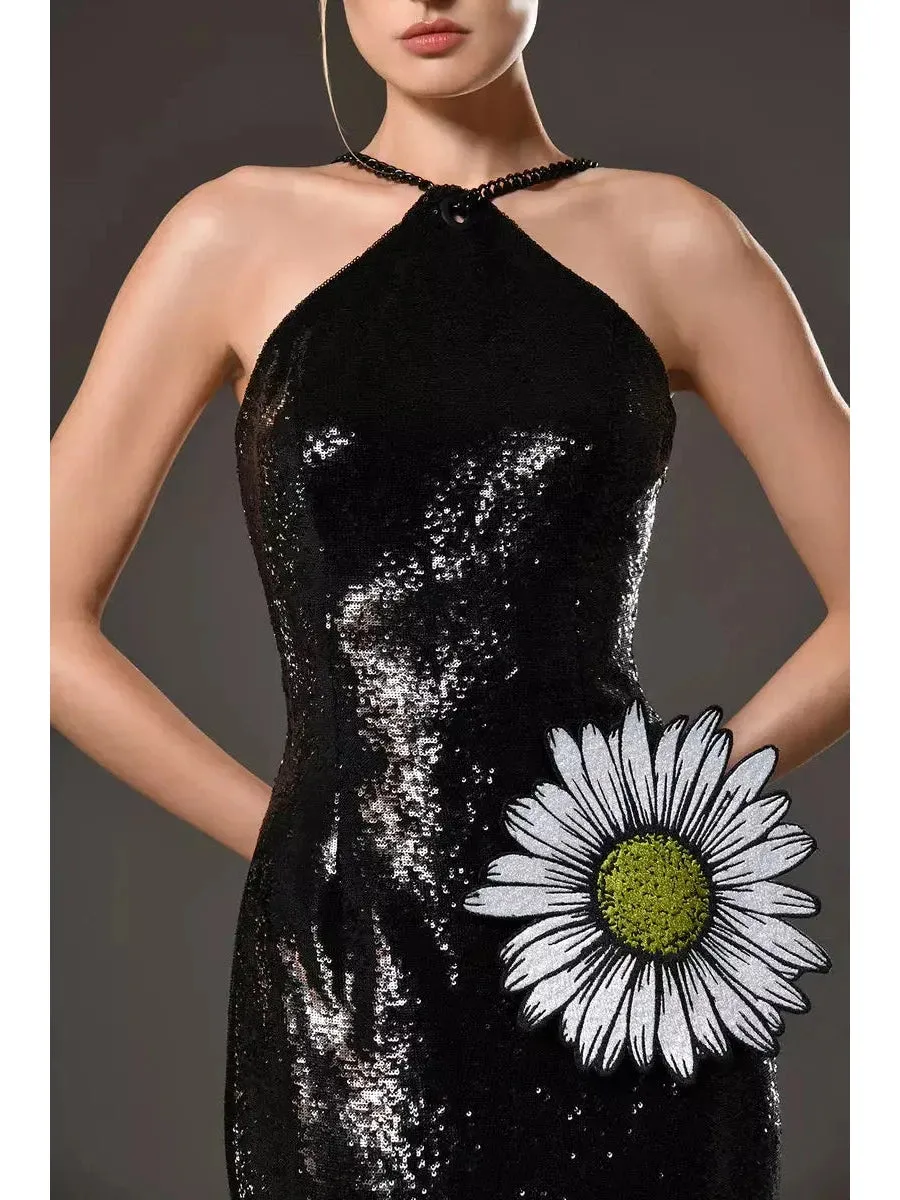 Women’s Black Sequined Dress with Daisy Embroidery