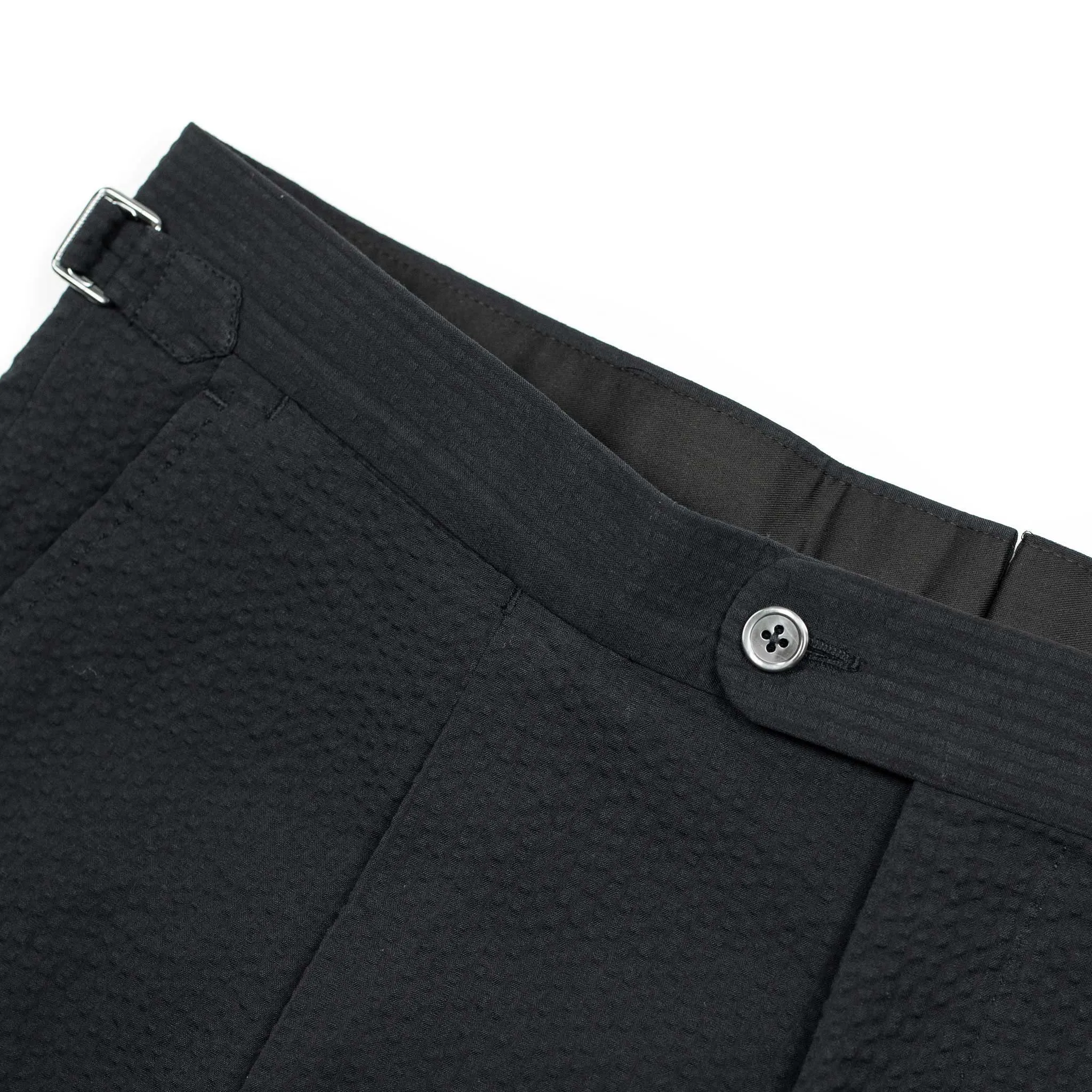 x Sartoria Carrara: pleated trousers in black seersucker (separates)