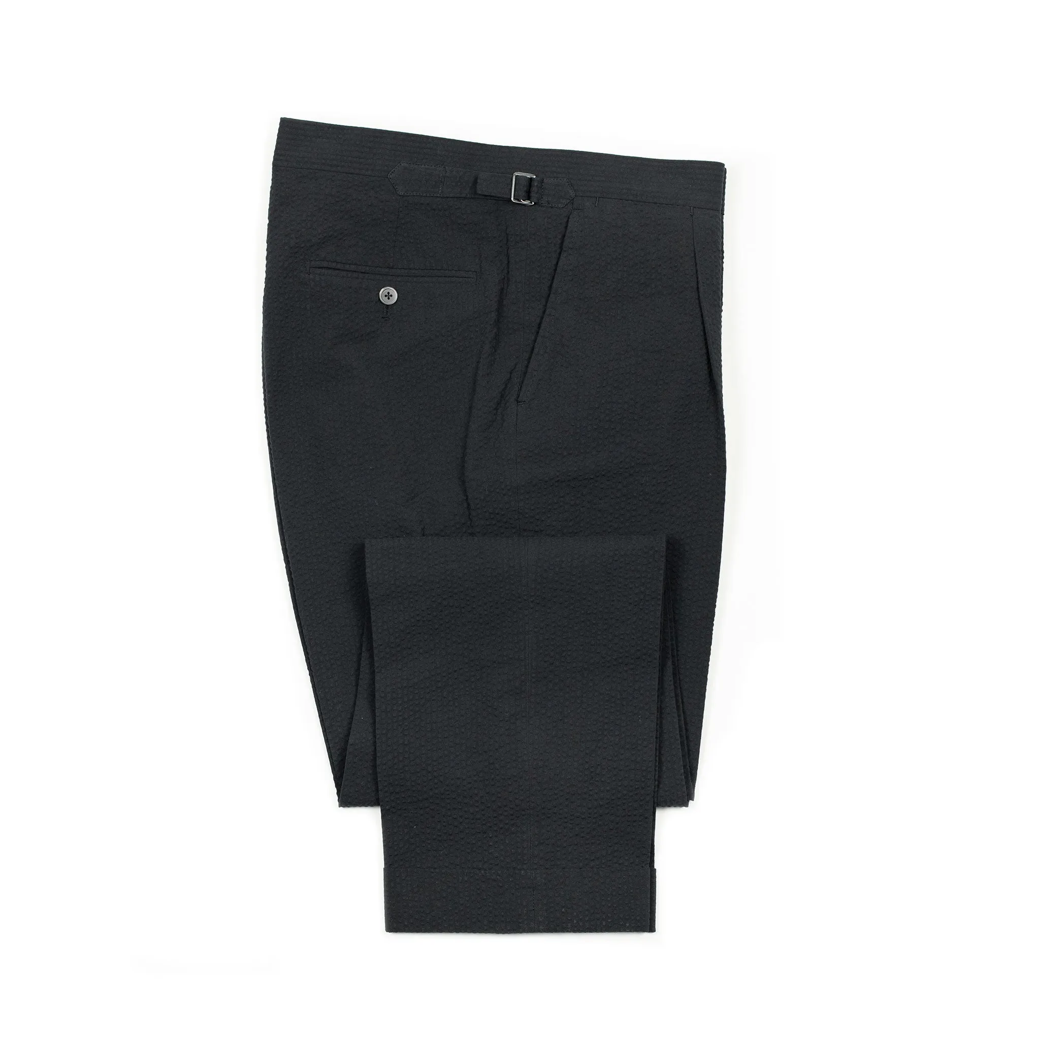 x Sartoria Carrara: pleated trousers in black seersucker (separates)