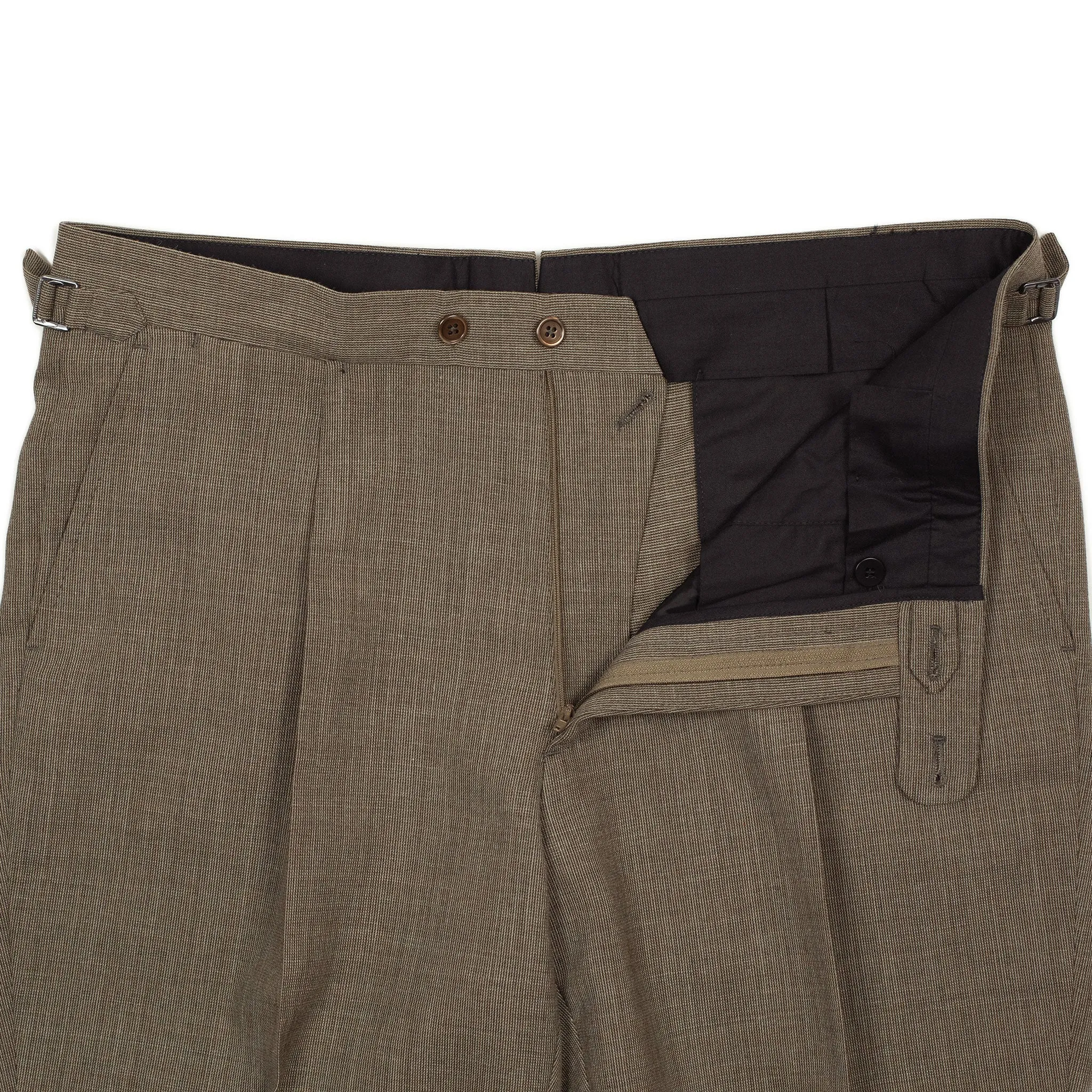 x Sartoria Carrara: pleated trousers in taupe nailhead Fox Air wool (separates)